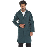 Professional Poly Cotton Warehouse Coat in Spruce Green with Concealed Stud Front and Multiple Pockets