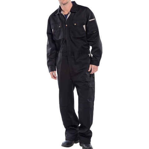 Premium Boilersuit - Black, Stretch-plus design for comfort, elasticated back, hardwearing 250gsm polycotton fabric.