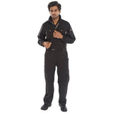 Black Premium Boilersuit, 65/35 polycotton fabric, internal kneepad pockets, concealed zip front, multiple pockets.