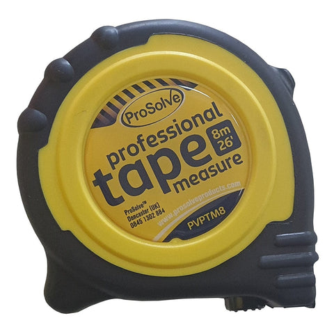 Professional 8m heavy-duty tape measure with impact-resistant rubber-coated case. Features hand finger brake, thumb locking mechanism, and secure belt clip."