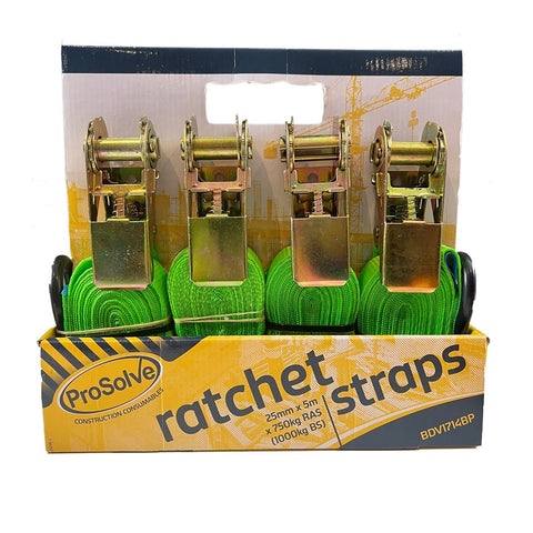 High-strength 25mm Ratchet Tie-Downs, weatherproof and abrasion-resistant, eco-friendly packaging, 4-pack with J hooks, 5m x 25mm, 750kg Breaking Strength, EN12195-2 compliant