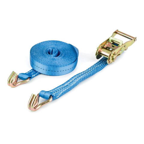 1.5 Tonne Ratchet Strap with 8m x 25mm wide polyester webbing, ideal for securing vehicle loads, marquees, and shelter construction. Medium duty claw hook ratchet lashing, certified to EN-12195-2 standards.
