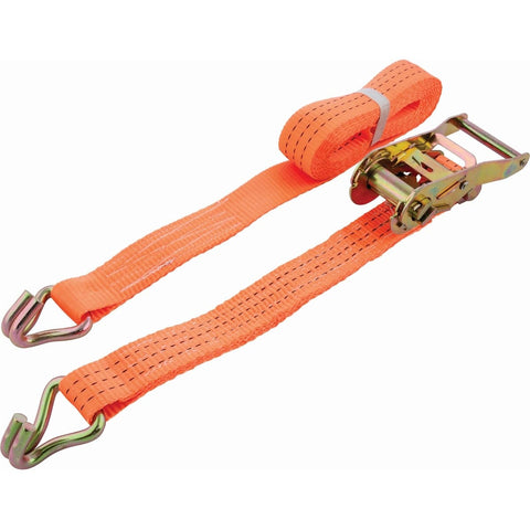 High-strength 3 Tonne Ratchet Strap with 4m x 35mm polyester webbing, featuring claw hooks for industrial use. Ideal for securing vehicle loads, marquees, and shelter construction. 