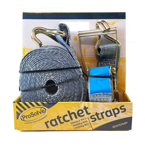 High-strength 50mm wide webbing ratchet tie-downs in eco-friendly packaging. Single strap with J hooks, 8m x 50mm, 5000kg breaking strength, EN12195-2 compliant.