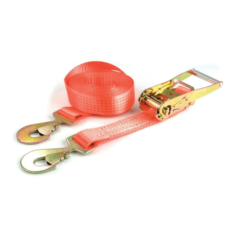 High-strength 5 Tonne Ratchet Strap with 50mm wide polyester webbing and snap hooks. Ideal for heavy industrial use, securing vehicle loads, marquees, and shelter construction. Certified to EN-12195-2 standards.
