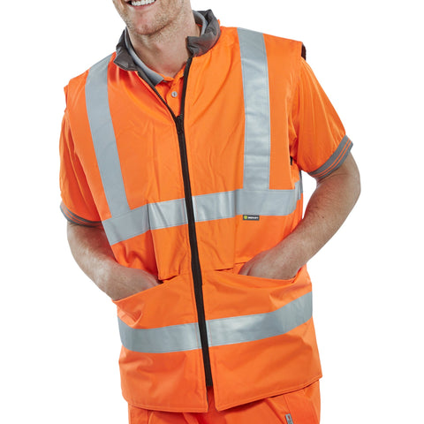 Elevate your visibility with our Reversible Hi-vis Interactive Bodywarmer in vibrant Orange/Grey.