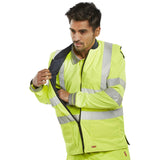 PU coating, navy polycotton diamond quilt, heavy-duty zip, patch pockets, mobile phone compartment, and Retro-Reflective tape. Ideal for outdoor work environments.