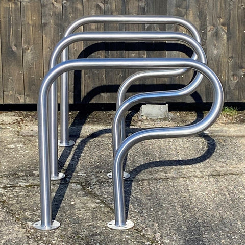 Durable Rugby Cycle Stand with stainless steel finish for two bikes.