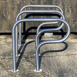 Durable Rugby Cycle Stand with stainless steel finish for two bikes.