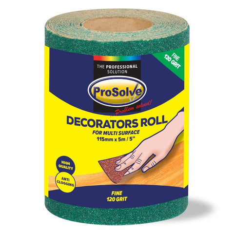 Green sanding paper roll, 115mm x 5m, multiple grit options. Ideal for wood, plastic, plasterboard. White Aluminium Oxide for efficient sanding. Anti-clogging, premium cloth backing, heavy-duty E-weight paper.
