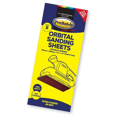 High-quality orbital sanding sheets crafted from Aluminium Oxide, available in multiple grits (40, 60, 80, and 120) to fit various models of orbital sanders. Packed in sets of 10, these sheets feature anti-clogging technology for extended longevity. Designed with heavy-duty D-weight backing paper, suitable for efficient sanding on wood, metals, fillers, primers, and paint. Treated with a dry lubricant to prevent clogging and enhance paper lifespan. 