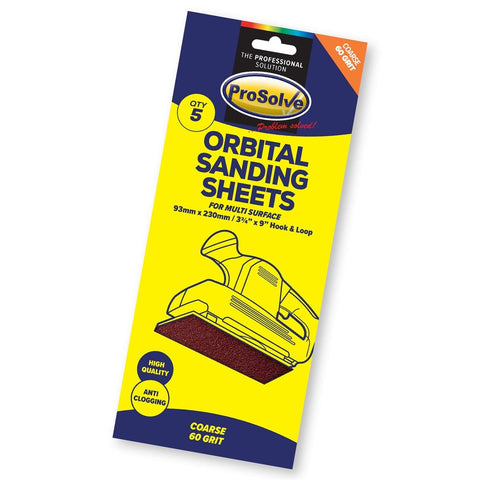 Orbital sanding sheets, 93mm x 230mm, packed in 10’s, made from Aluminium Oxide, available in grits 40, 60, 80, and 120. Features anti-clogging technology for longer-lasting use. Ideal for wood, metals, fillers, primers, and paint. Compatible with most 1/3 sheet sanders with hook and loop system.