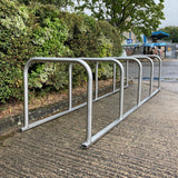 sheffield-toastrack-bike-stand-cycle-bicycle-storage-parking-visually-parking-impaired-rack-galvanised-stainless-steel-powder-coated-custom-RAL-durable-industrial-outdoor-sturdy-schools-highschool-college-university-public-spaces