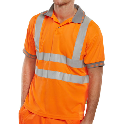 Orange hi-vis polo shirt, polyester Bird Eye fabric, retro-reflective tape, RIS-3279-TOM certified, EN ISO20471 compliant."   You