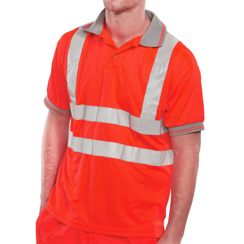 Red hi-vis polo shirt, polyester Bird Eye fabric, retro-reflective tape, RIS-3279-TOM certified, EN ISO20471 compliant.