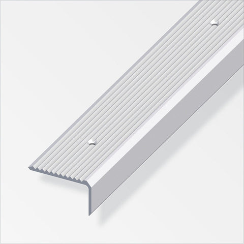 Aluminium stair nosings, a durable and decorative solution for stairs, featuring built-in treads for added safety. Anodised aluminium construction ensures longevity. Easily customizable to desired length. Length: 1000mm. L-shaped design offers stability and anti-slip properties.