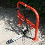 School scooter rack designed for single sided use and easy access