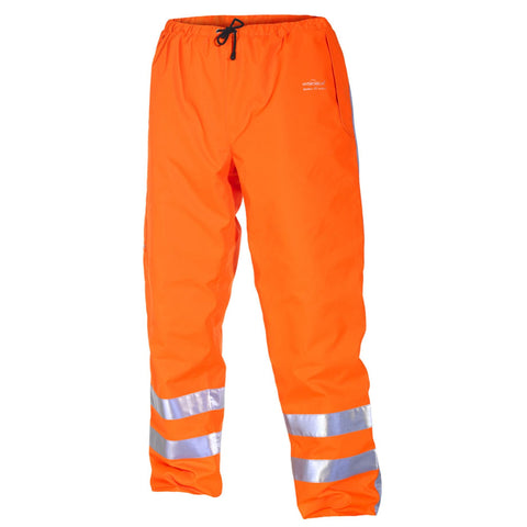 Front view of orange waterproof quilted trousers