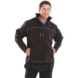 Windproof Softshell Jacket in Grey Black, Durable Polyester Spandex Blend, Adjustable Cuffs