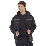 Polyester Spandex Softshell Jacket, Grey Black, Windproof, Water Repellent, Adjustable Cuffs