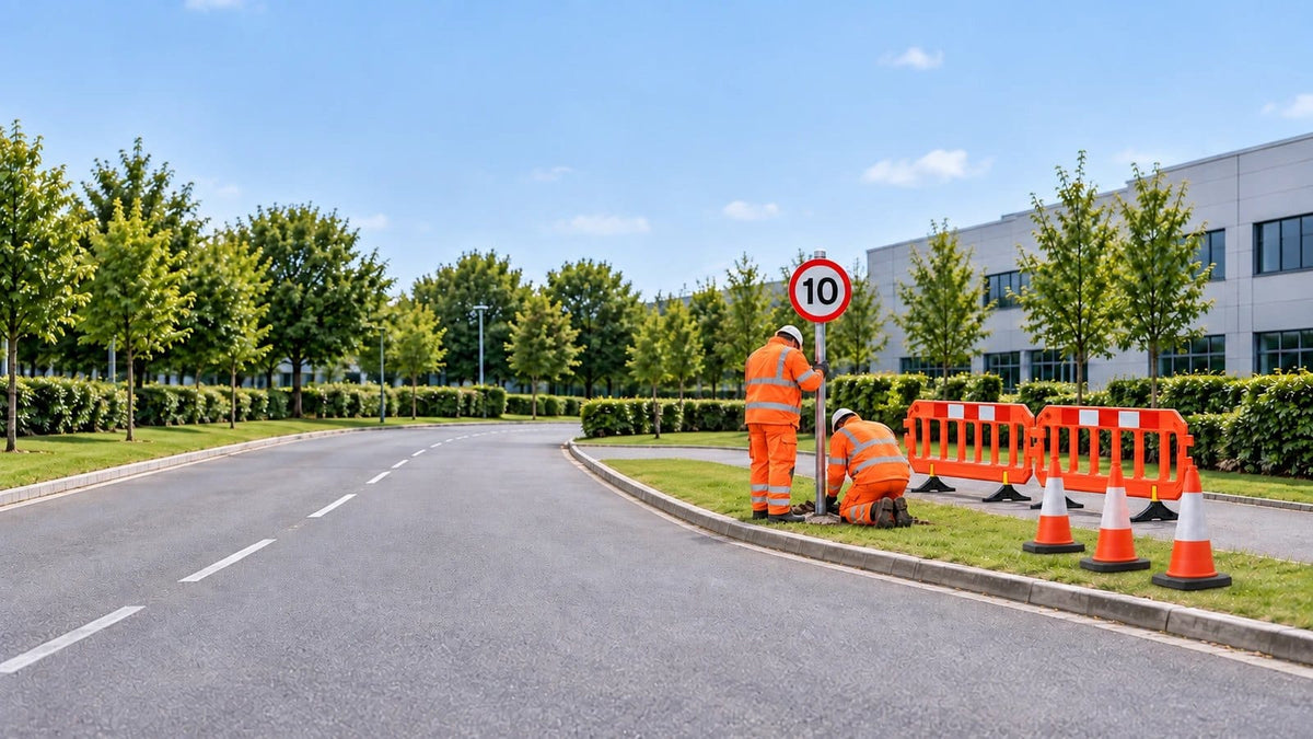 Two operatives in orange hi-vis and white hard hats fitting a 10 mph speed limit sign to a galvanised post beside a business park access road, with traffic cones and orange barriers closing off the work area