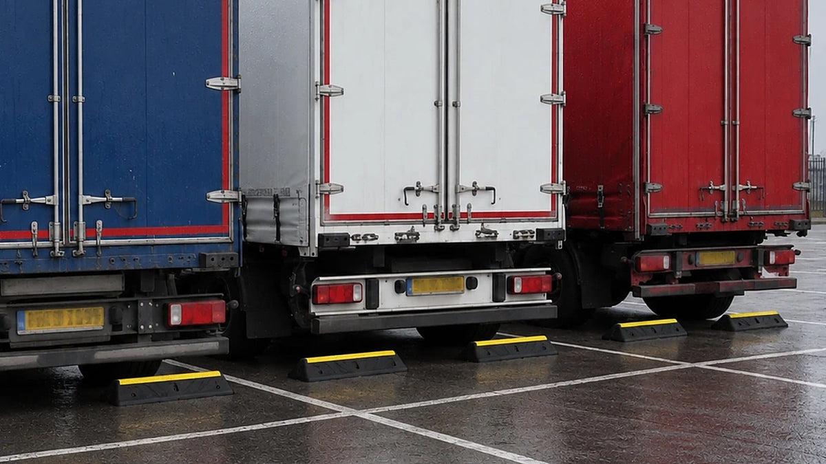 Articulated trailers parked in marked bays on wet tarmac at a distribution yard, a black and yellow HGV wheel stop against the rear wheels of each