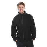 Black fleece jacket with 280gms polyester fabric and chunky zip front closure