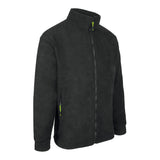 Professional black fleece jacket featuring drawcord waist and dual zipped side pockets