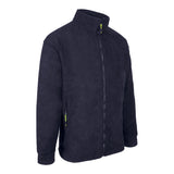 Durable navy blue polyester fleece jacket with adjustable drawcord and secure pockets