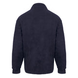 Professional navy blue fleece jacket featuring drawcord waist and dual zipped side pockets