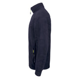 Durable navy blue polyester fleece with adjustable drawcord and secure zippered pockets