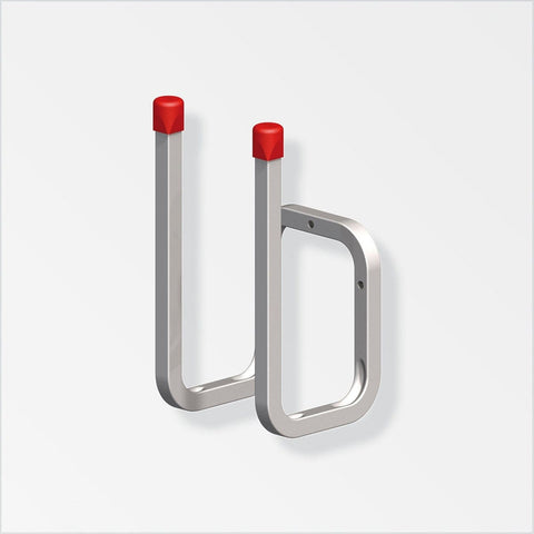 Strong galvanised steel wall-mounted boot hooks with a 25kg max load. Aluminium construction, red rubberised coating, and 30kg load bearing. Ideal for organizing footwear and more.