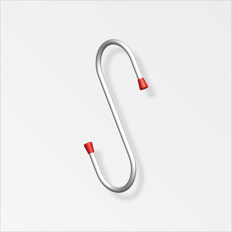 Galvanized steel 'S' hook with red plastic ends. Versatile storage solution for buckets and other items. Easy to install and durable. Supports up to 20kg. Ideal for organizing tools and accessories in garages or sheds.