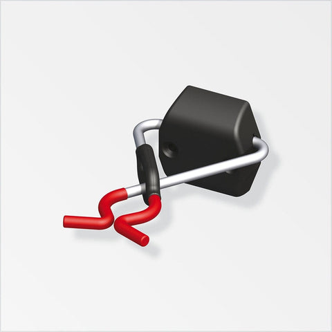 High-load wall-mounted hook with integrated spring retention for heavy item storage. Steel construction with red protective arms. Strong grip feature. Ideal for heavy items. Red rubberized arms. Max load 15kg.