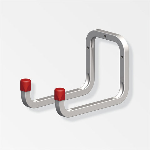 Steel galvanized double hooks, (D)250mm x (W)98mm x (H)120mm, ideal for tool and ladder storage. Max load 15kg. Galvanized steel construction with red rubberized coating. Wall-mounted. Great for organization and durability.