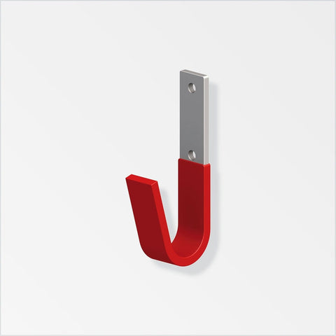 Galvanised steel single hook with red protective coating. Two predrilled fixing holes. Versatile for various applications. Durable and strong. Red rubberised protective coating. Supports up to 30kg. Fixings not included.