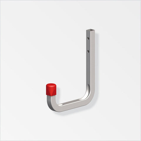 Galvanised steel single hook with red end cap. Wall-mounted design with red rubberised end caps. Anti-swivel protection and 30kg max load bearing. Features two predrilled fixing holes. Durable and sturdy for various storage needs. Fixings not included.