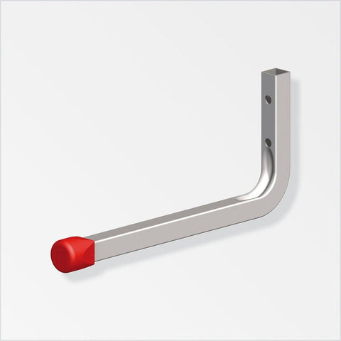 Galvanised steel single hook with red end cap. Two predrilled fixing holes. Wall-mounted, red rubberised end caps, anti-swivel protection, 15kg max load bearing. Durable, versatile storage solution for various items.