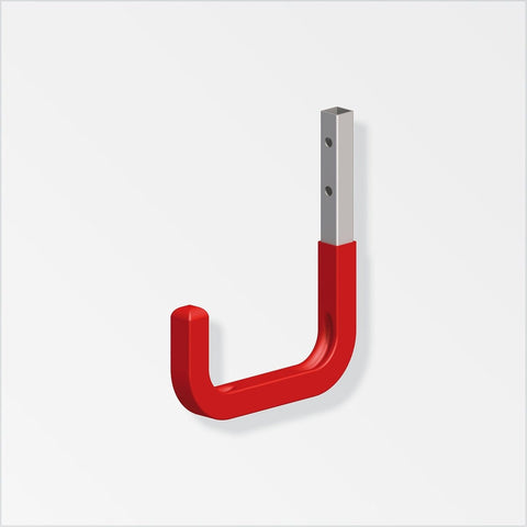 Galvanised steel single hook with red rubberised hooks. Wall mounted design with anti-swivel protection. Two predrilled fixing holes for easy installation. Supports up to 45kg. Durable and versatile storage solution for tools and equipment.