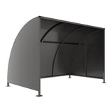 Stratford cycle shelter with galvanised curved roof, durable mild steel frame.