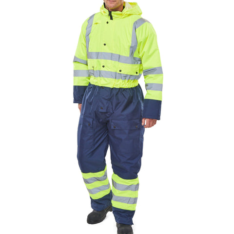 High-visibility Thermal Waterproof Overall in Saturn Yellow/Navy with Quilted Coverall Design: 300 Denier Outer Fabric