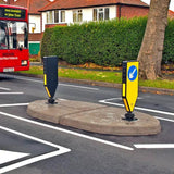 Traffic islands feature reflective glass eyes for enhanced visibility.