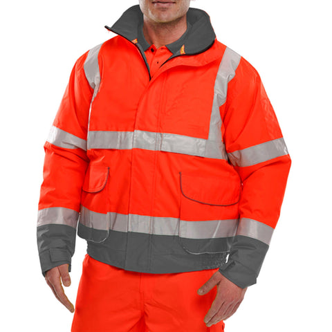 Stay visible and safe with our Two-tone Hi-vis Bomber Jacket in Red/Grey. 