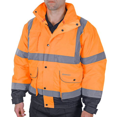 Two tone Hi-Vis Orange/Navy Constructor Bomber Jacket with press stud flap