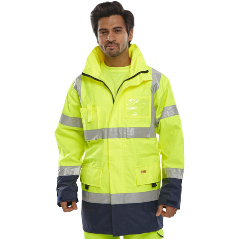 Two-Tone Hi-Vis Waterproof Traffic Jacket Saturn Yellow/Navy front view