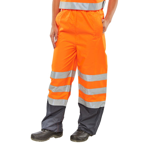 Professional Two-tone Hi-vis Waterproof Trousers in Orange/Navy Blue - Breathable Polyester with PU Coating, Retro-reflective Tape, EN ISO 20471 Class 2