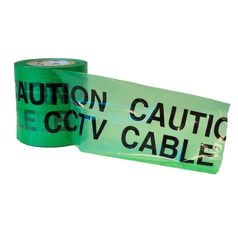 Highly visible green underground warning tape for CCTV cables. 150mm width, 365m length. SEO: CCTV cable locator, underground tape, green tape, 150mm, 365m, caution.