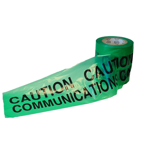 Highly visible green underground warning tape, 150mm x 365m, with 'CAUTION - COMMUNICATIONS CABLE BELOW' printed. Prevent damage to electric cables, pipes, etc., with this durable tape.