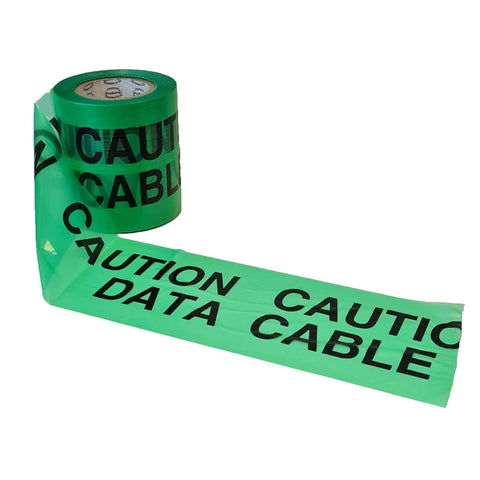 Highly visible green underground tape with 'CAUTION DATA CABLE BELOW' text, 150mm width, 365m length, Green