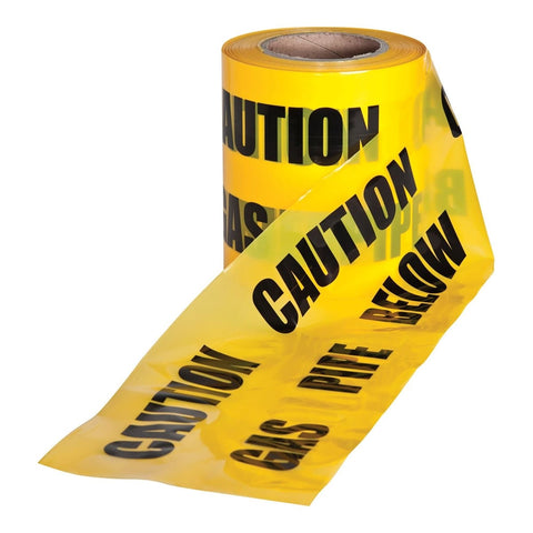 Highly visible yellow underground warning tape, 150mm x 365m, with 'CAUTION - GAS PIPE BELOW' printed. Ideal for locating electric cables, pipes, etc., to prevent damage during excavation.
